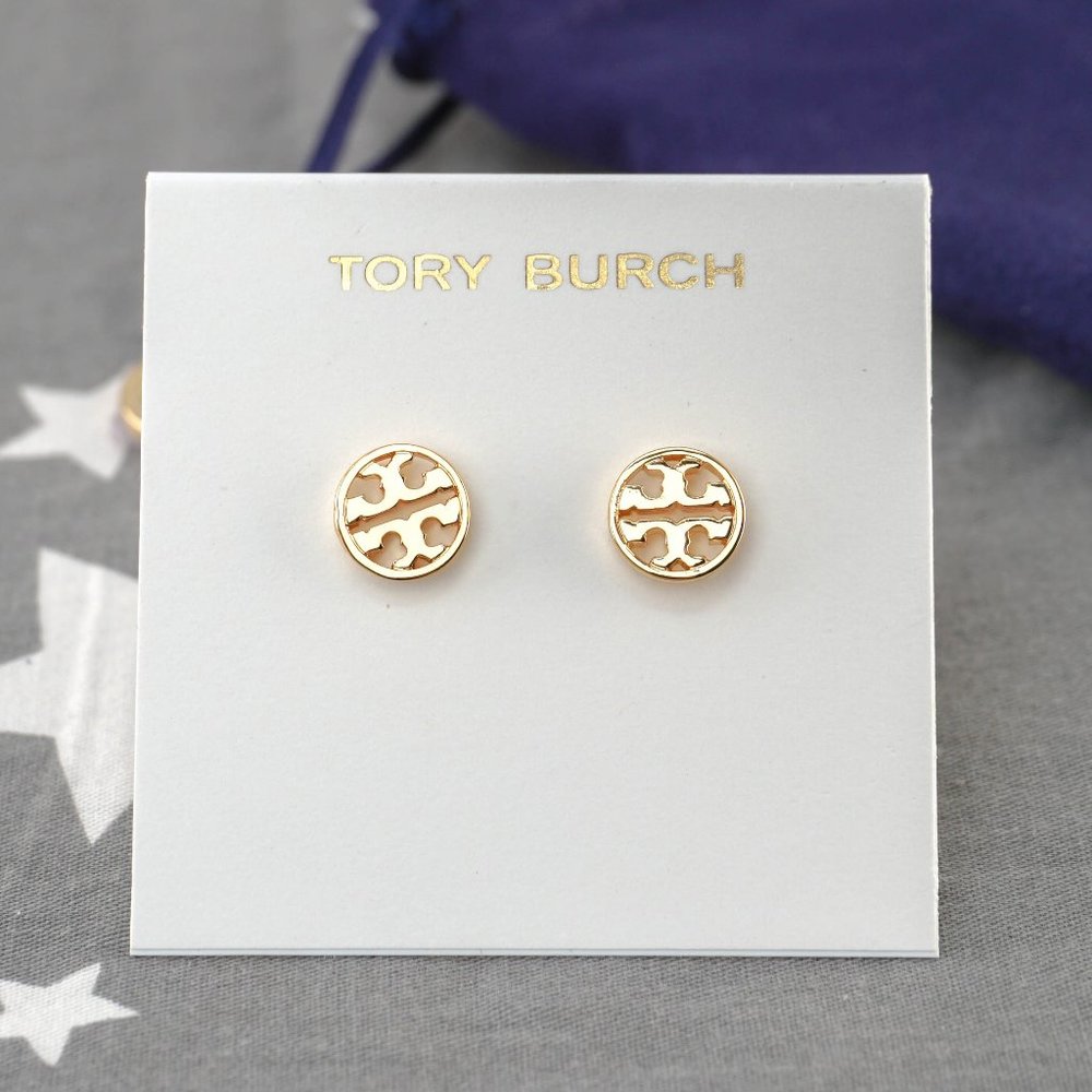 Tory Burch Gold Logo Stud Earrings - Picture 2 of 5